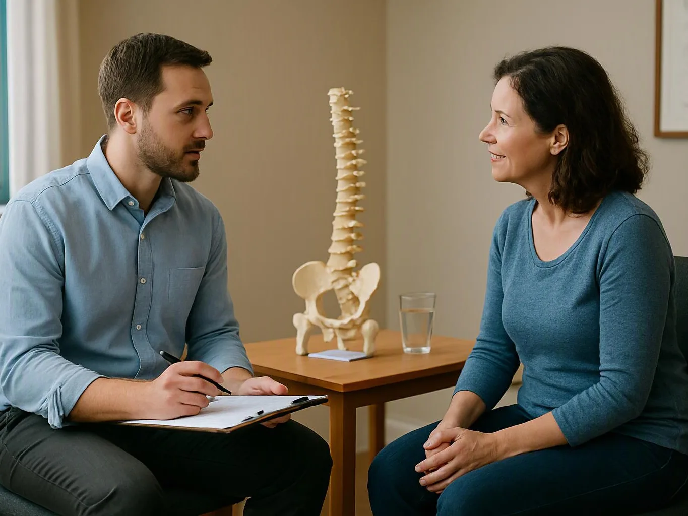 A man writes on a clipboard while talking with a seated woman beside a spine model in a clinic room