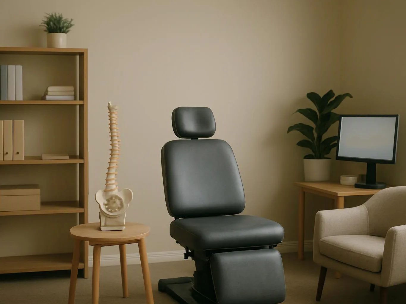 A medical examination chair sits in a beige office beside a spine model, bookshelves, plants, and a small desk with a monitor
