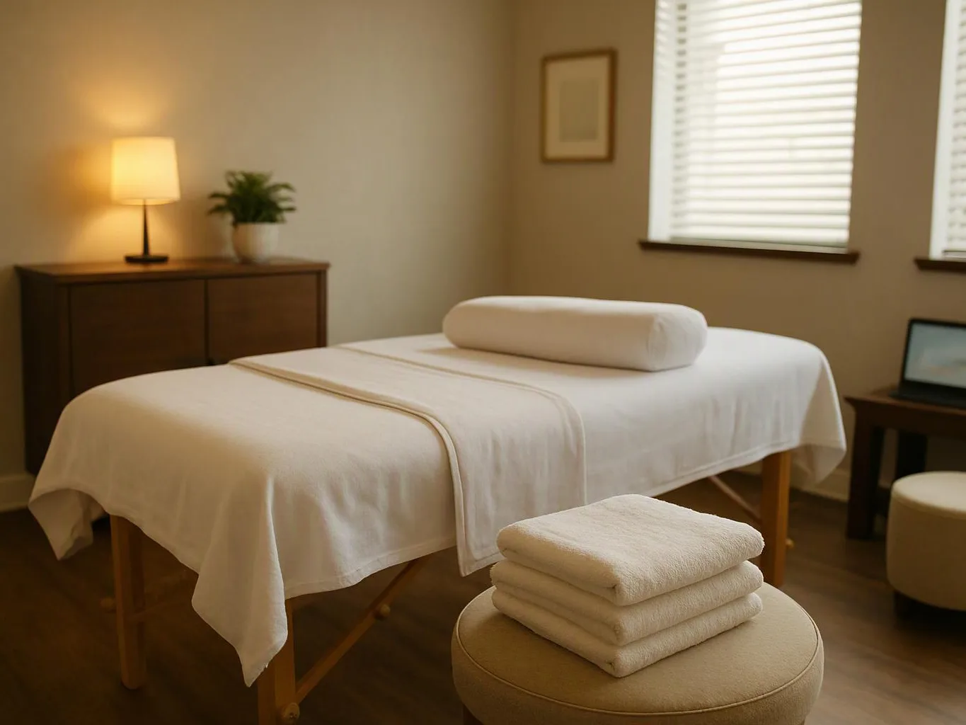 A neatly made massage table sits in a quiet room with a lamp, plant, towels, and soft window light