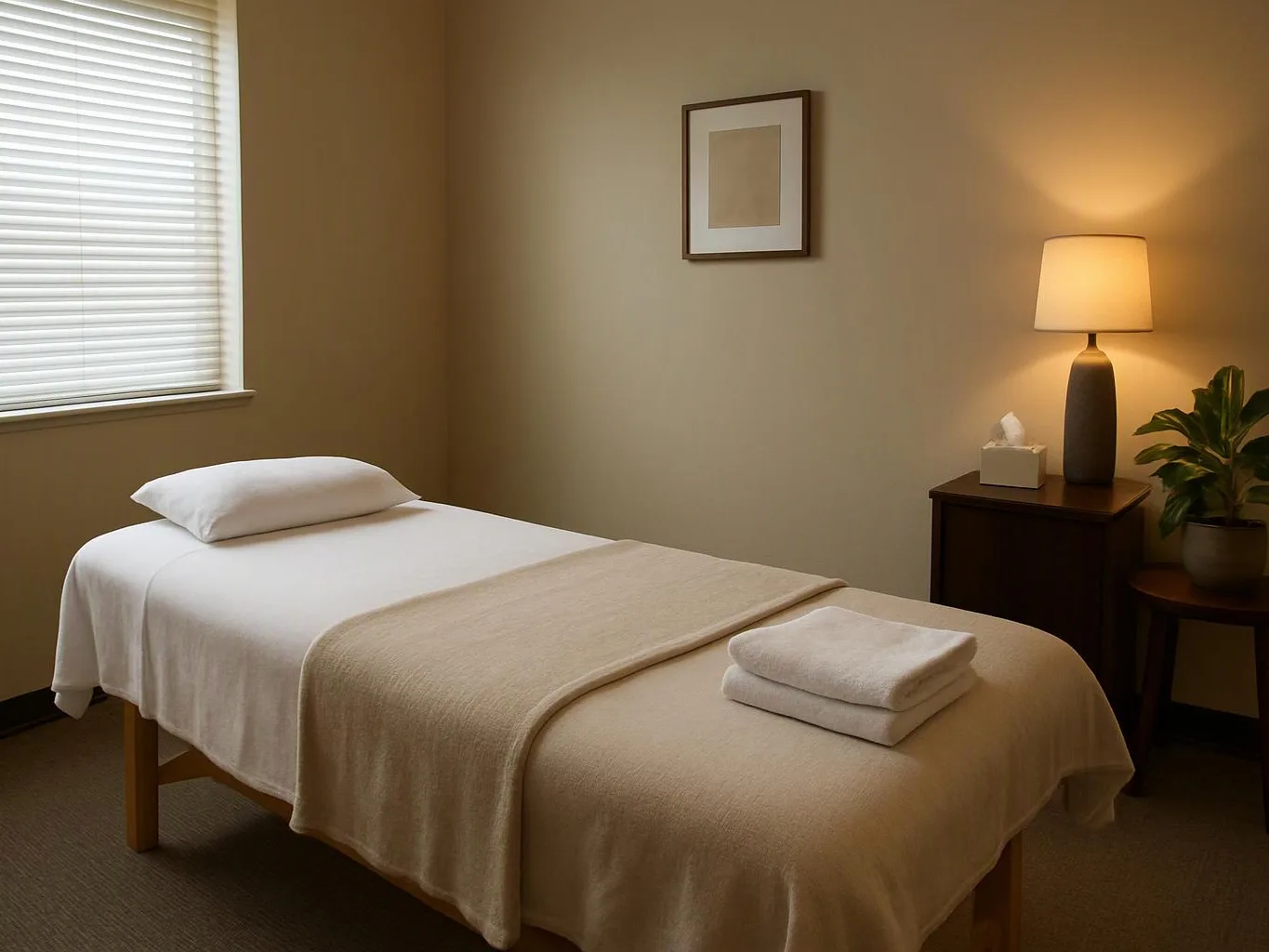 A neatly made massage table sits in a softly lit treatment room with a lamp, plant, and framed wall art