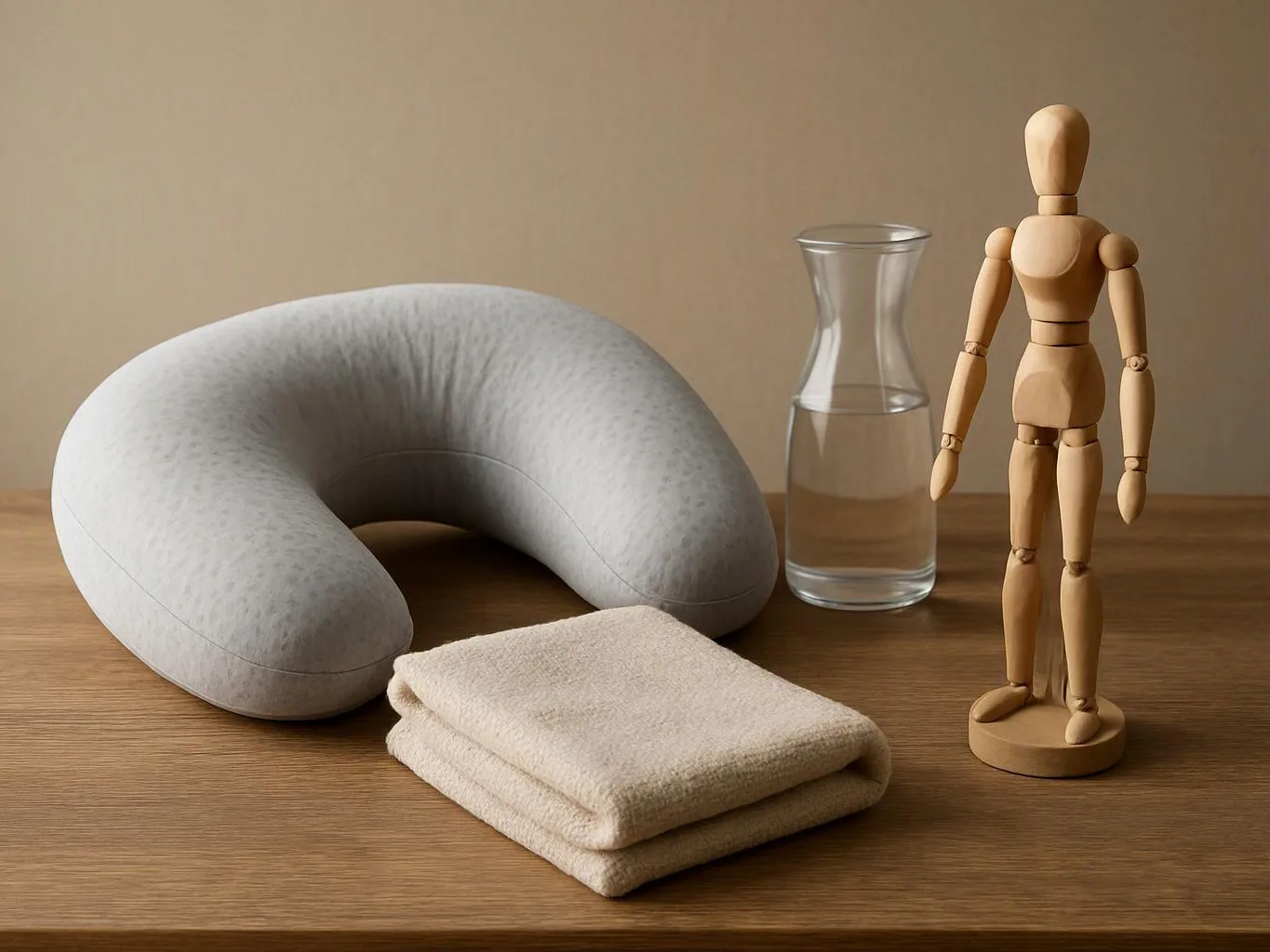 A neck pillow, folded towels, a glass carafe, and a wooden mannequin sit on a wooden table