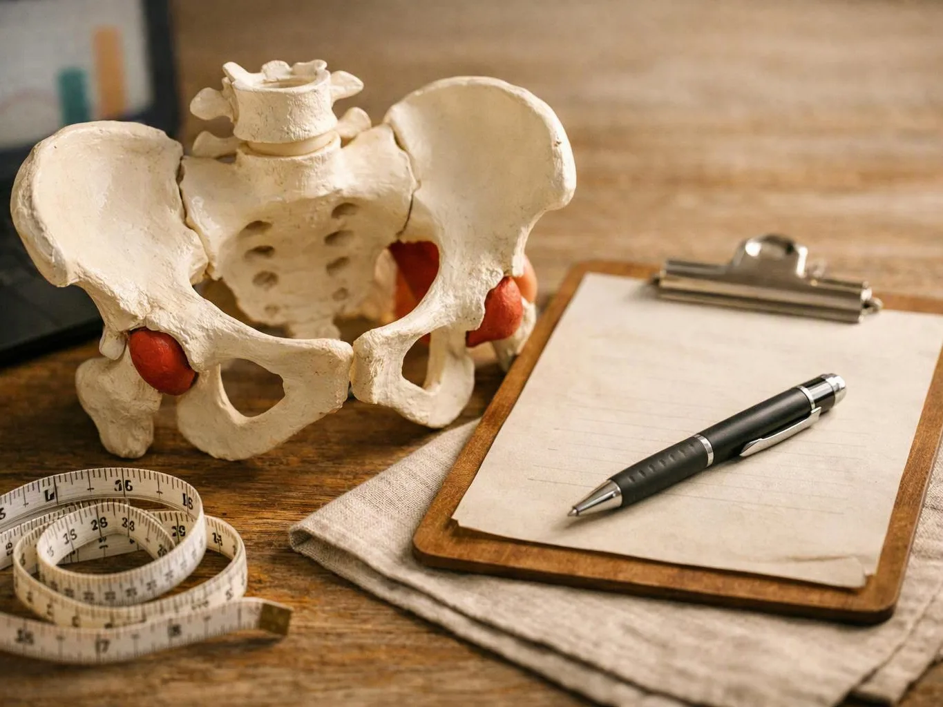 A pelvic bone model sits beside a measuring tape, clipboard, and pen on a wooden table
