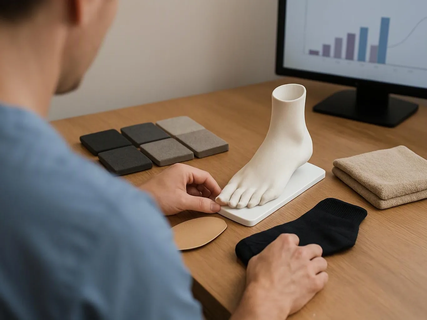 A person arranges fabric swatches around a white foot model beside a desk monitor with a bar chart