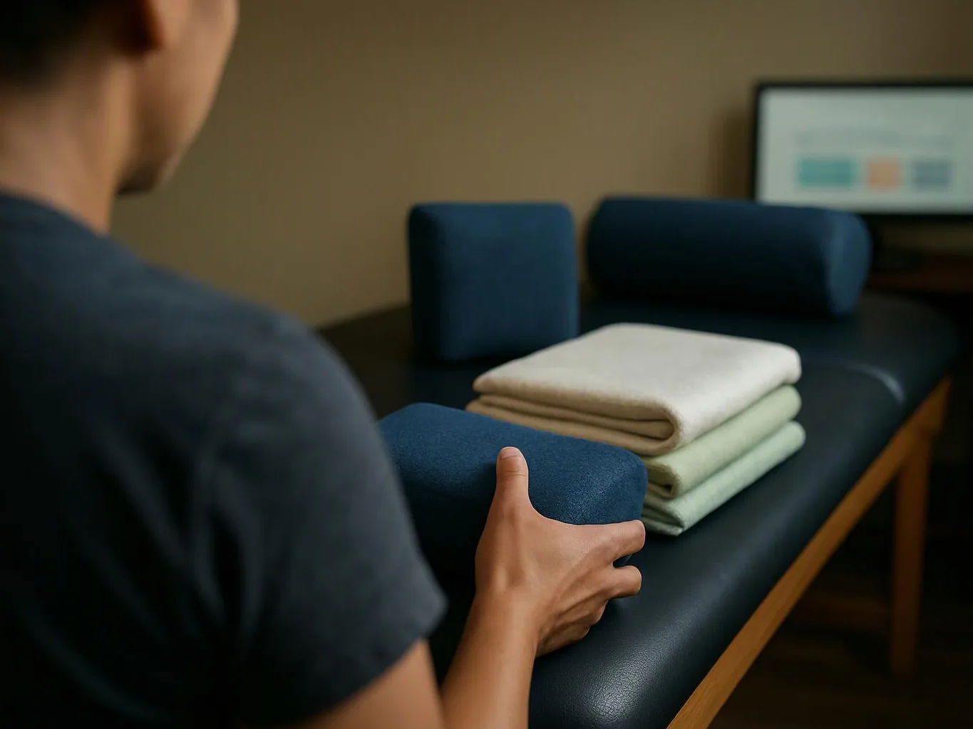 A person arranges folded towels and blue cushions on a dark massage table in a quiet room
