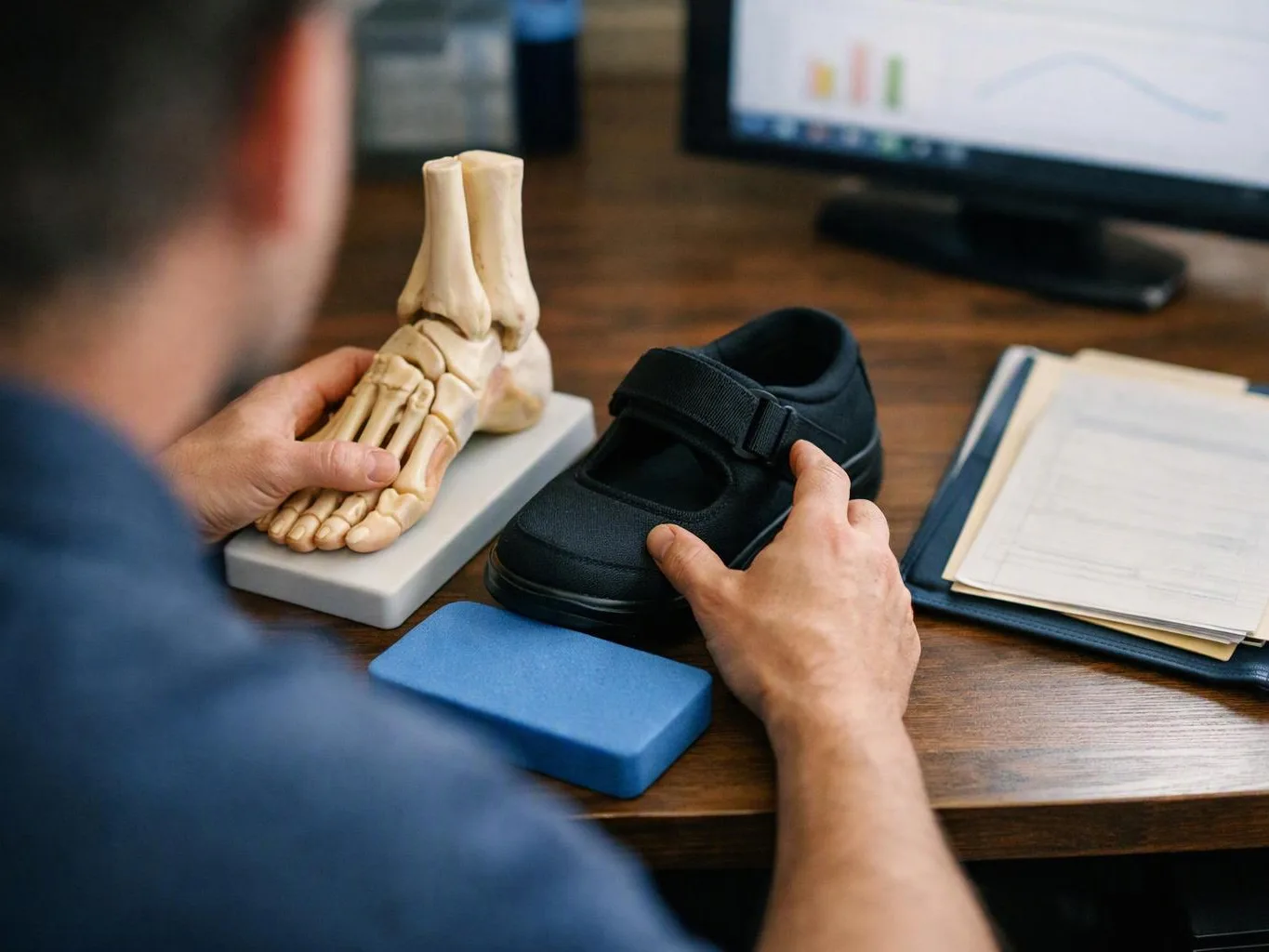 A person examines a foot model and a black orthopedic shoe on a wooden desk beside paperwork and a monitor