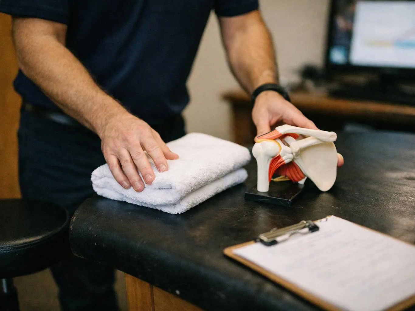 A person folds white towels beside a shoulder anatomy model on a clinic counter