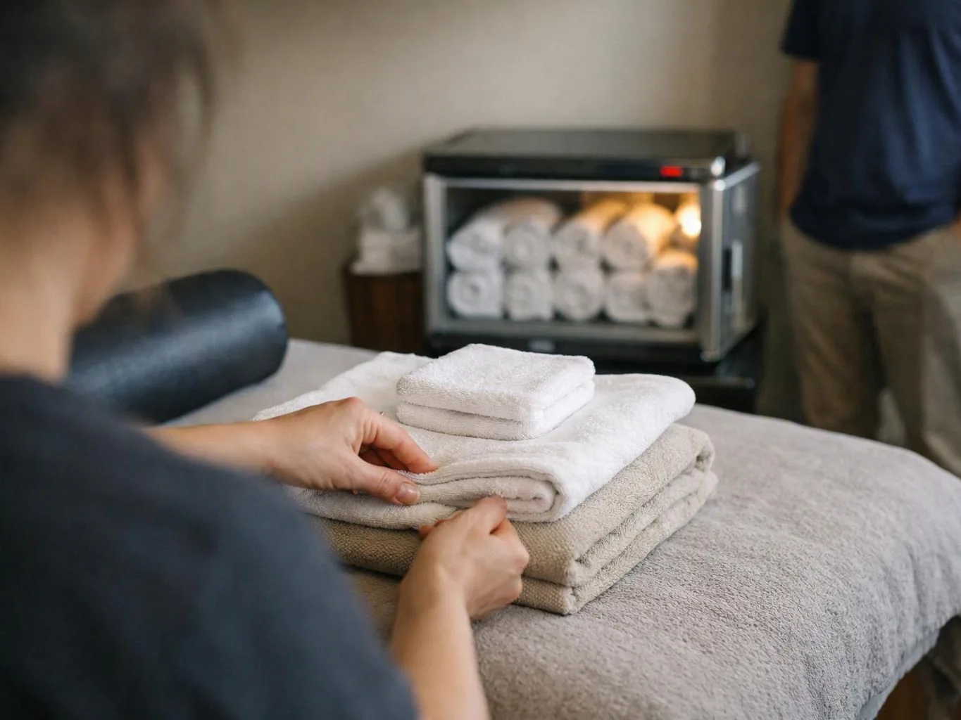 A person folds white towels on a massage table beside a warm towel warmer