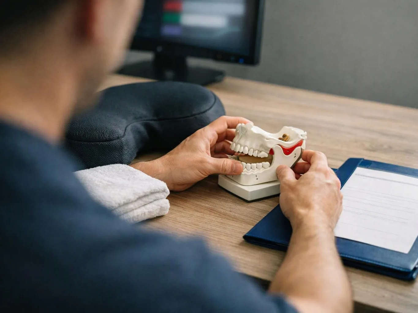 A person holds a dental jaw model at a desk with a clipboard and monitor nearby