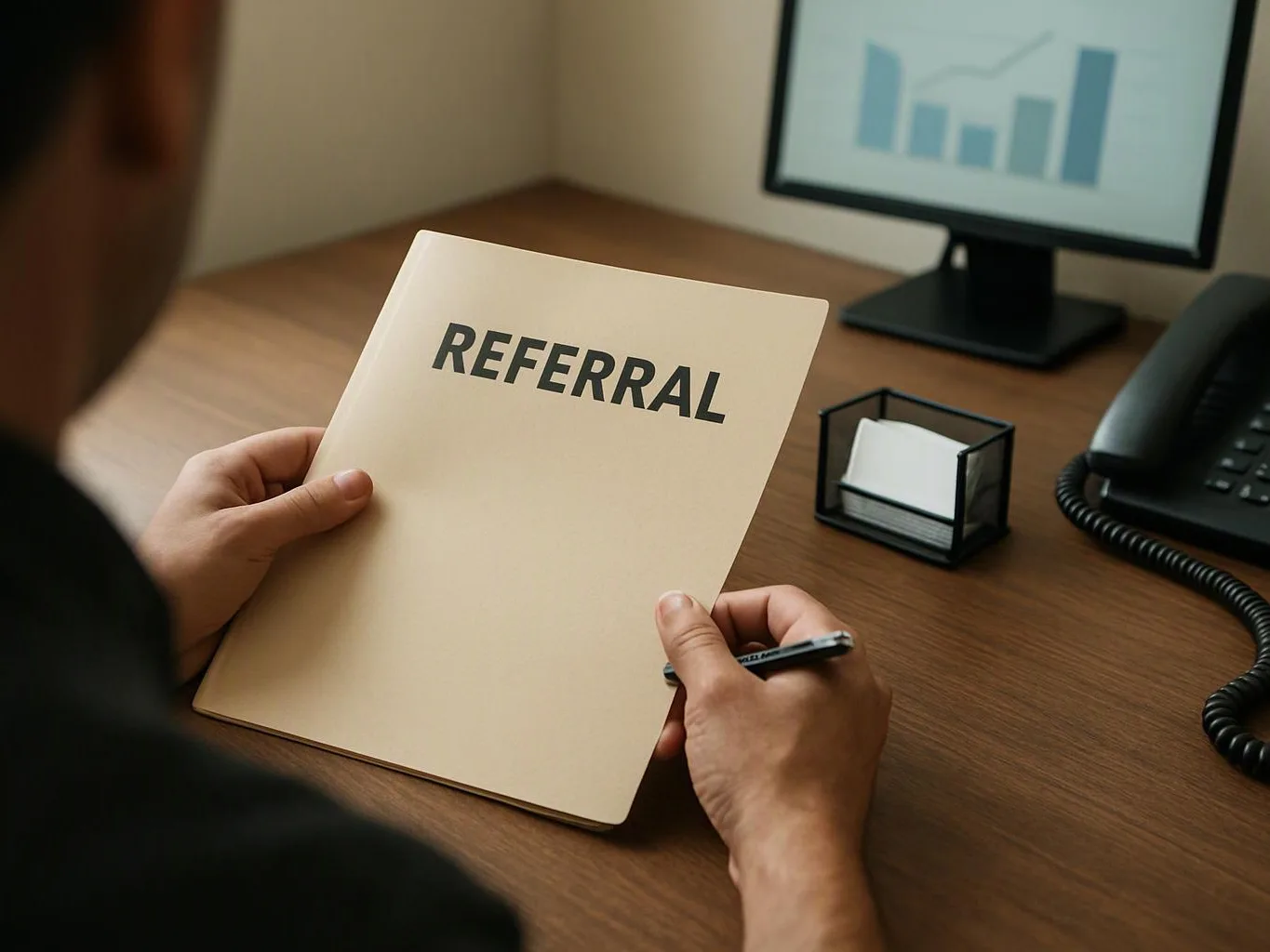 A person holds a folder labeled "REFERRAL" at a desk with a monitor, phone, and business card holder