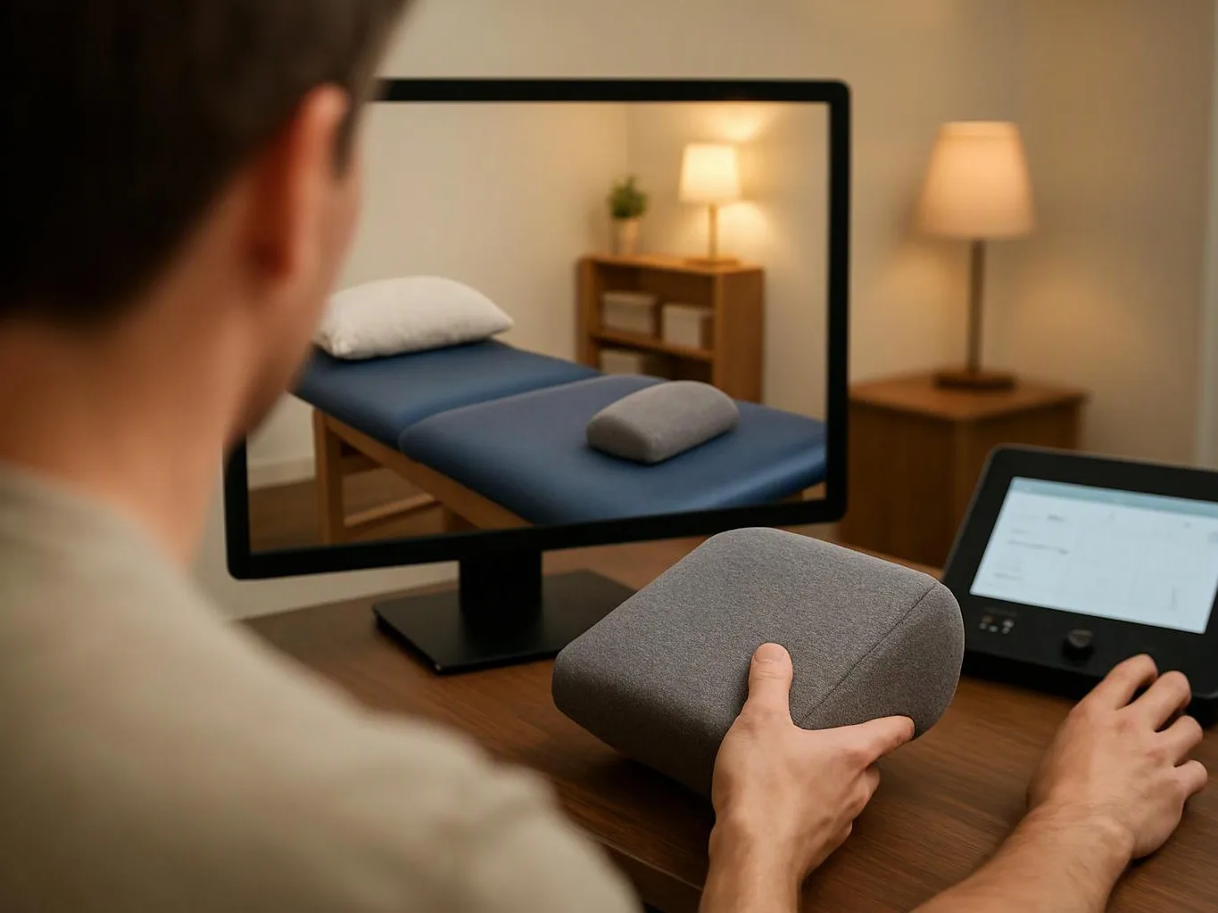 A person holds a gray cushion beside a monitor showing a padded treatment table in a softly lit room