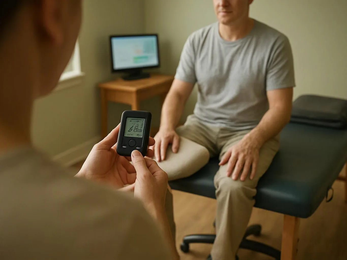 A person holds a handheld medical device while another sits on an exam table in a clinic room