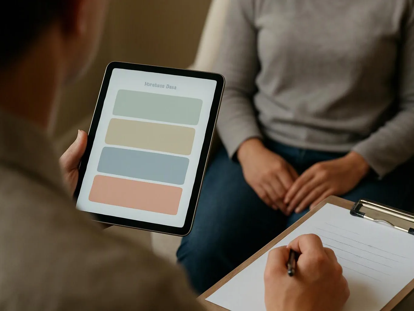A person holds a tablet with colored blocks while another sits nearby and a clipboard rests on the table