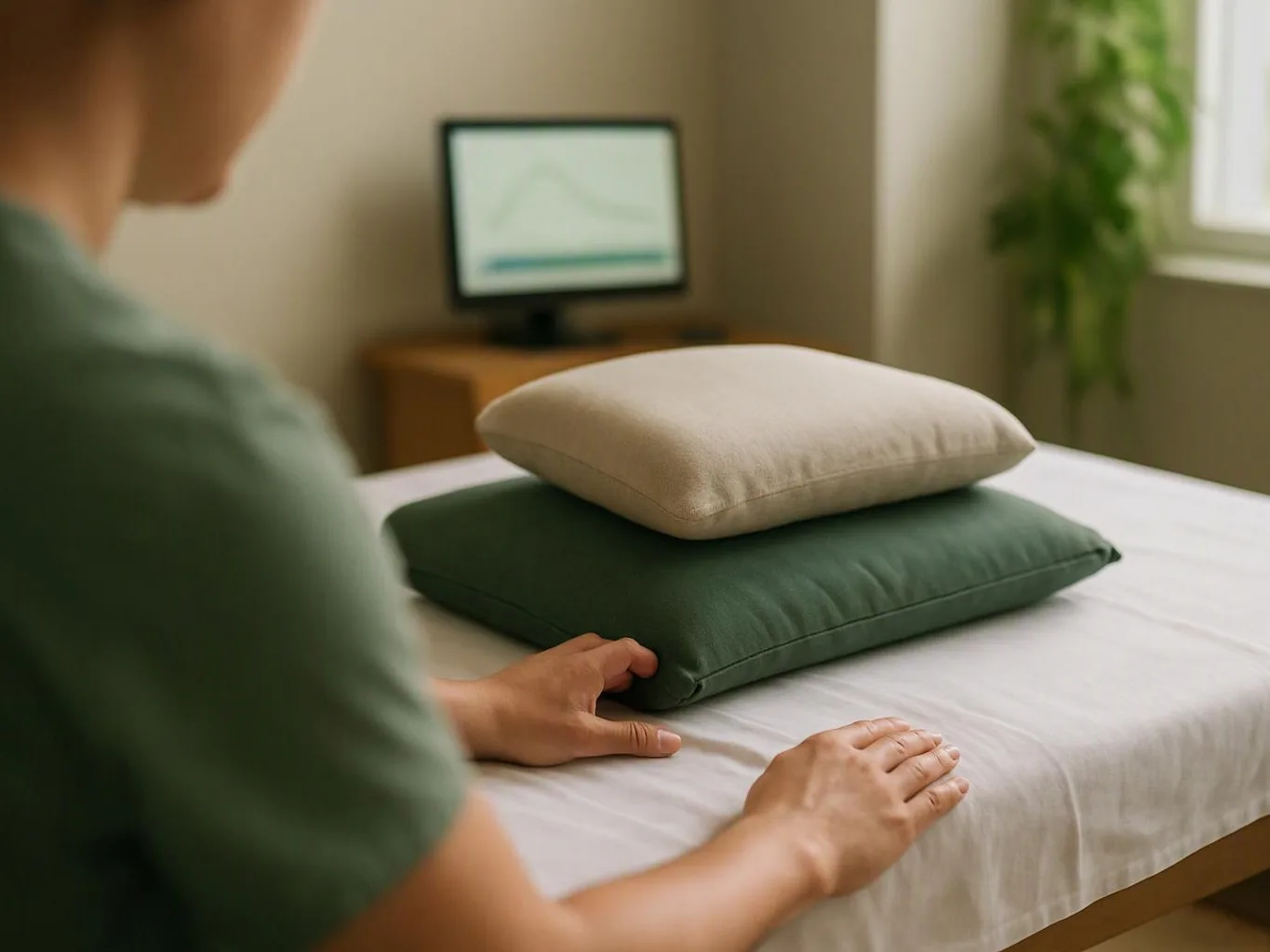 A person places two cushions on a bed in a bright room with a small TV and plant nearby