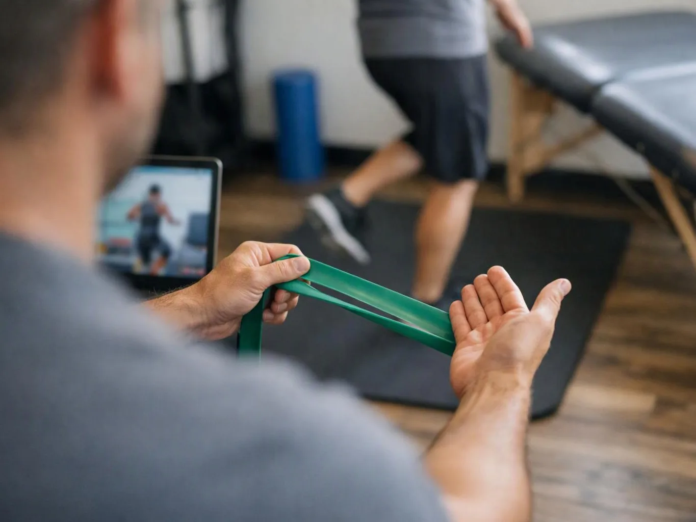 A person stretches a green resistance band while watching a workout on a tablet in a gym room
