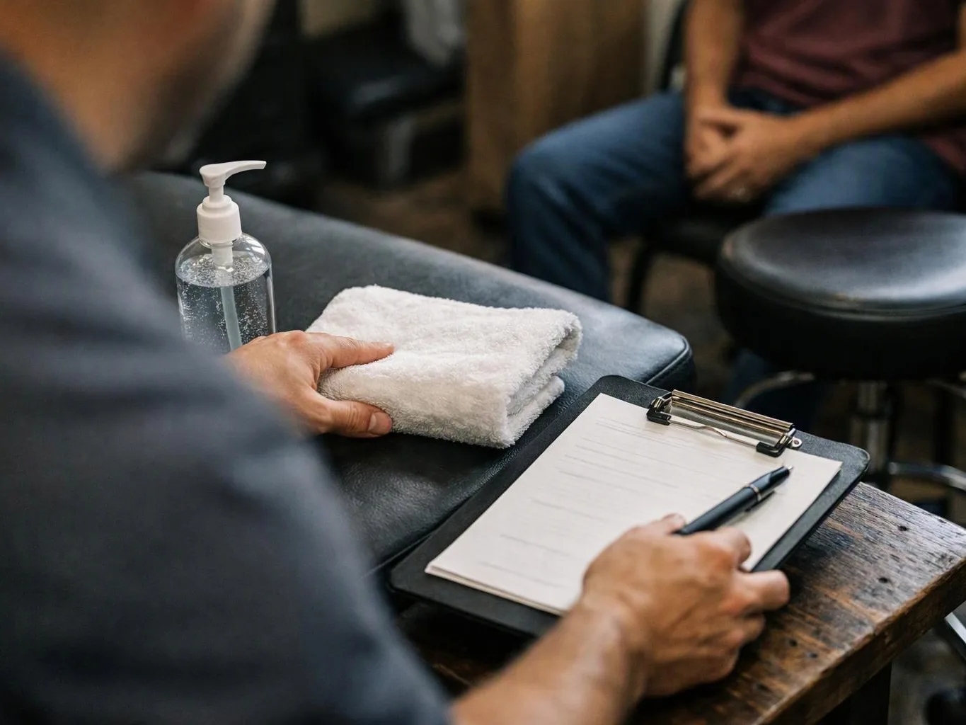A person writes on a clipboard beside folded towels and a pump bottle in a waiting room
