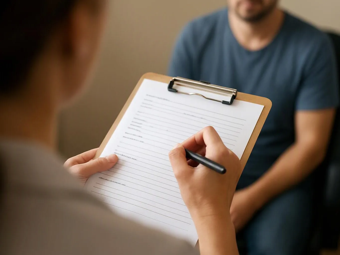 A person writes on a clipboard while another sits across in a simple interview room