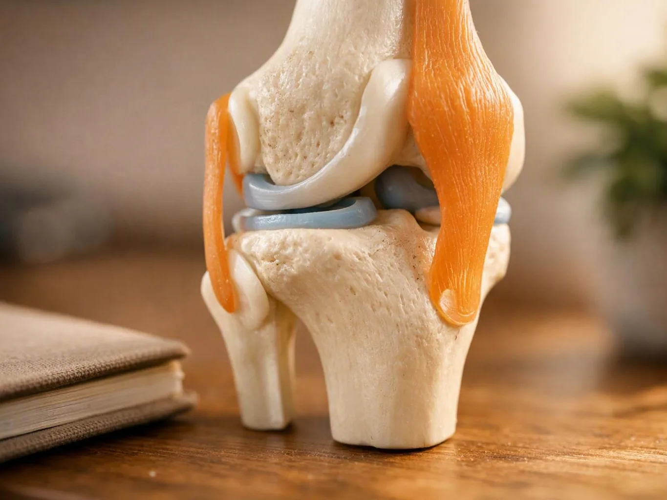 A plastic knee joint model stands on a wooden table beside a closed book