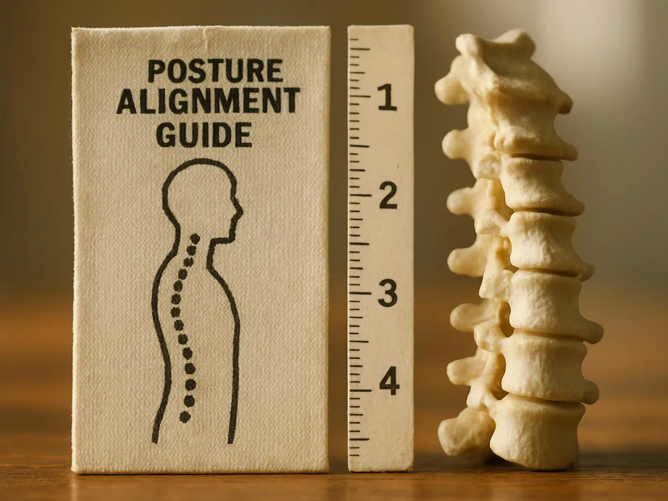 A posture alignment guide stands beside a spine model and a marked ruler on a wooden surface