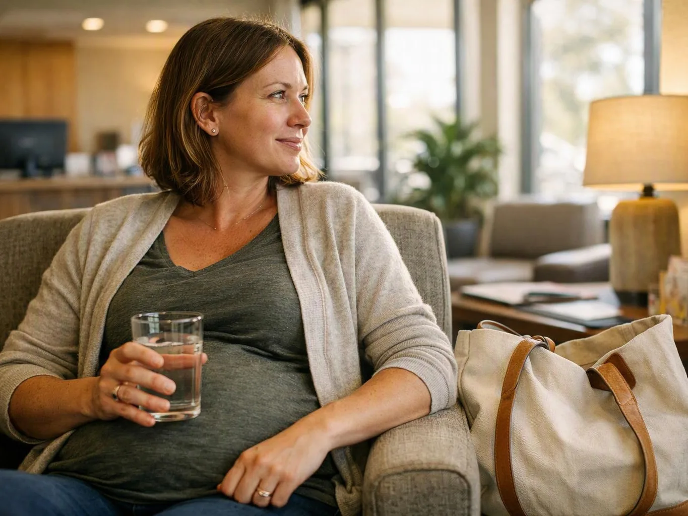 Pregnant woman sits on a couch holding a glass of water in a bright lounge with a bag beside her