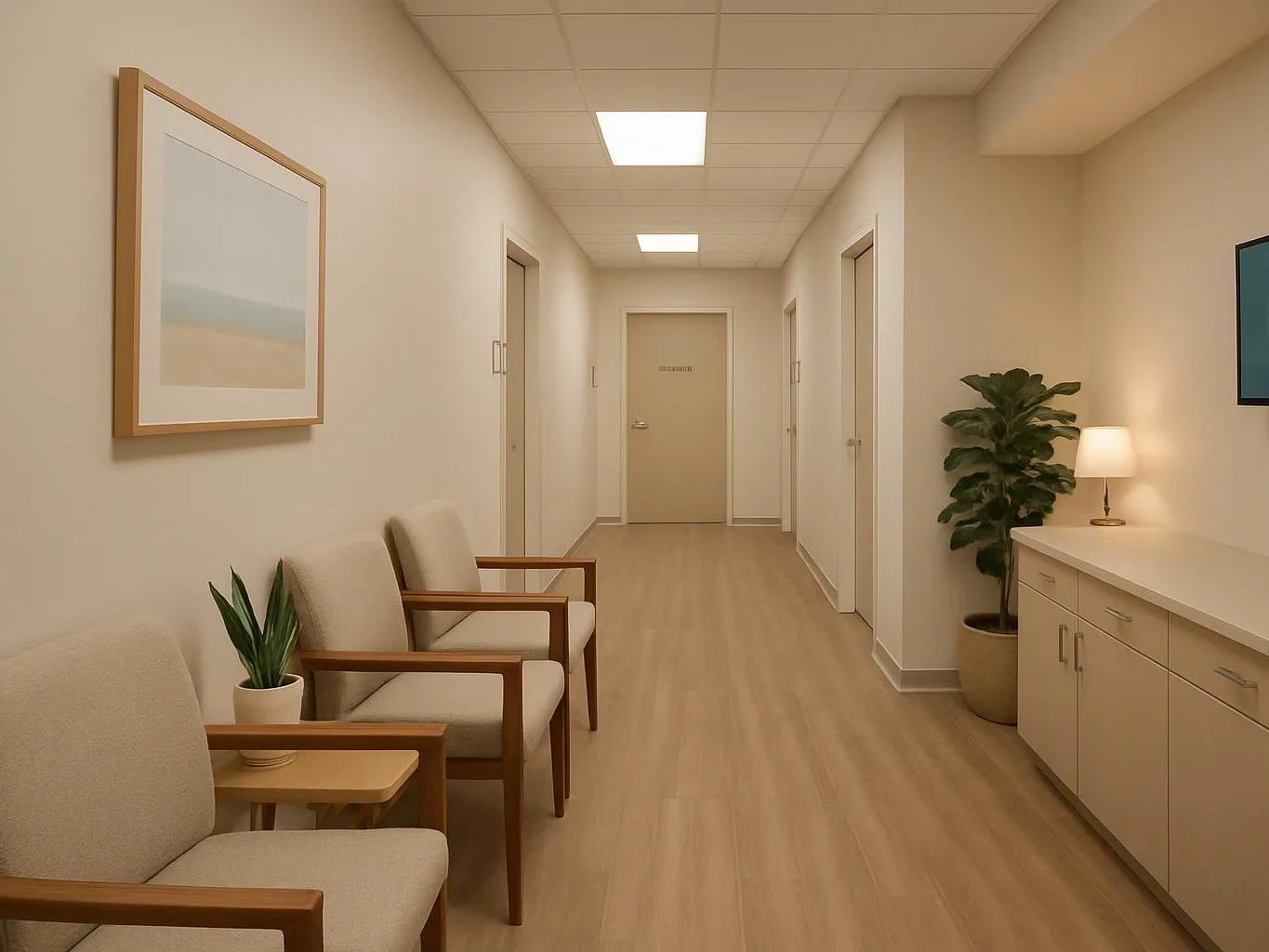 A quiet beige hallway shows waiting chairs, potted plants, and closed doors under bright ceiling lights
