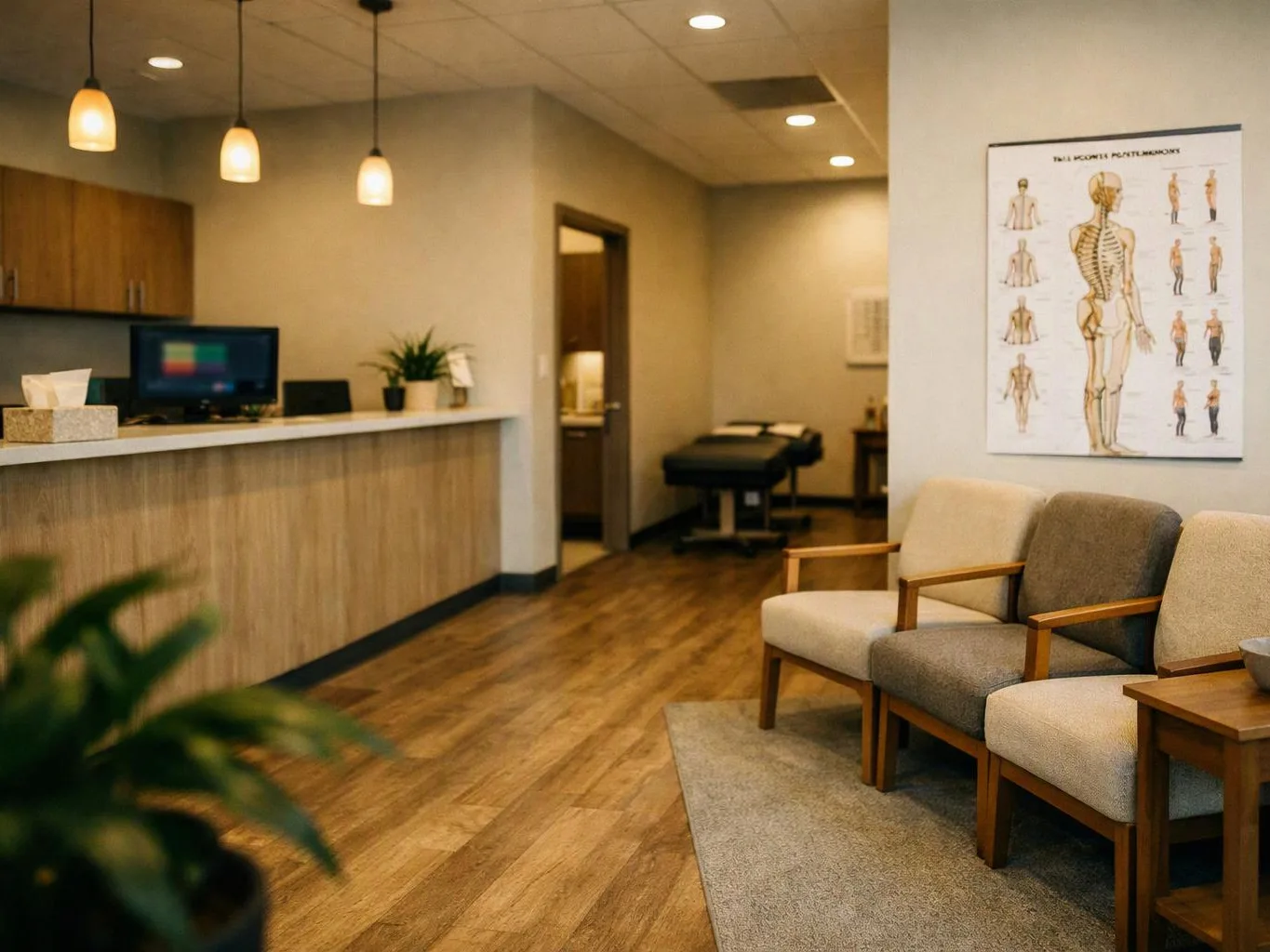 A quiet clinic waiting room shows chairs, a reception desk, and a therapy table in the back
