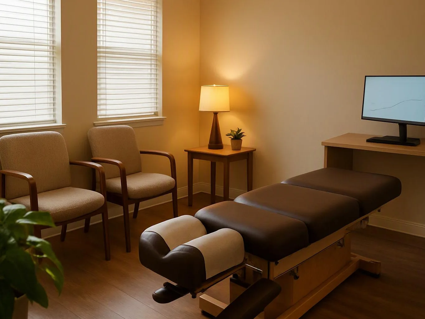 A quiet exam room has two chairs, a treatment table, a lamp, a monitor, and blinds over the windows