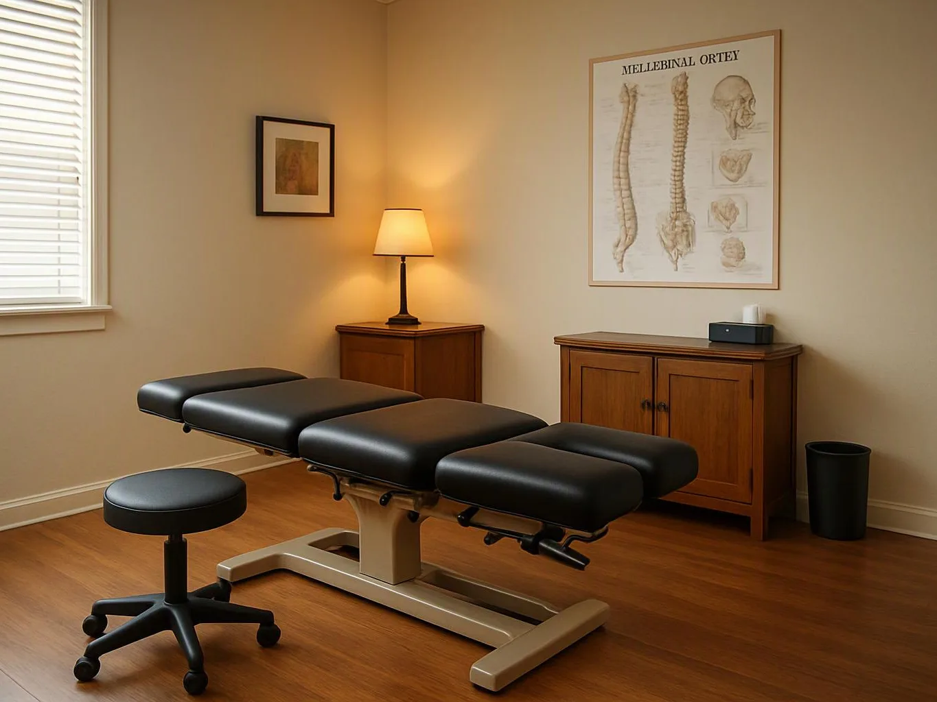 A quiet exam room shows a black treatment table, a rolling stool, a lamp, and anatomy posters on beige walls
