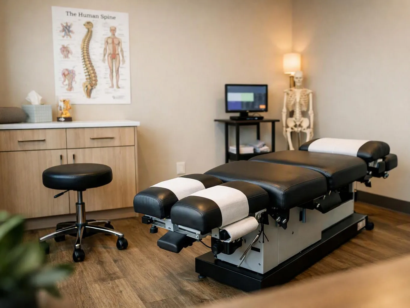 A quiet exam room shows a chiropractic table, skeleton model, spine poster, and a stool beside cabinets and a lamp