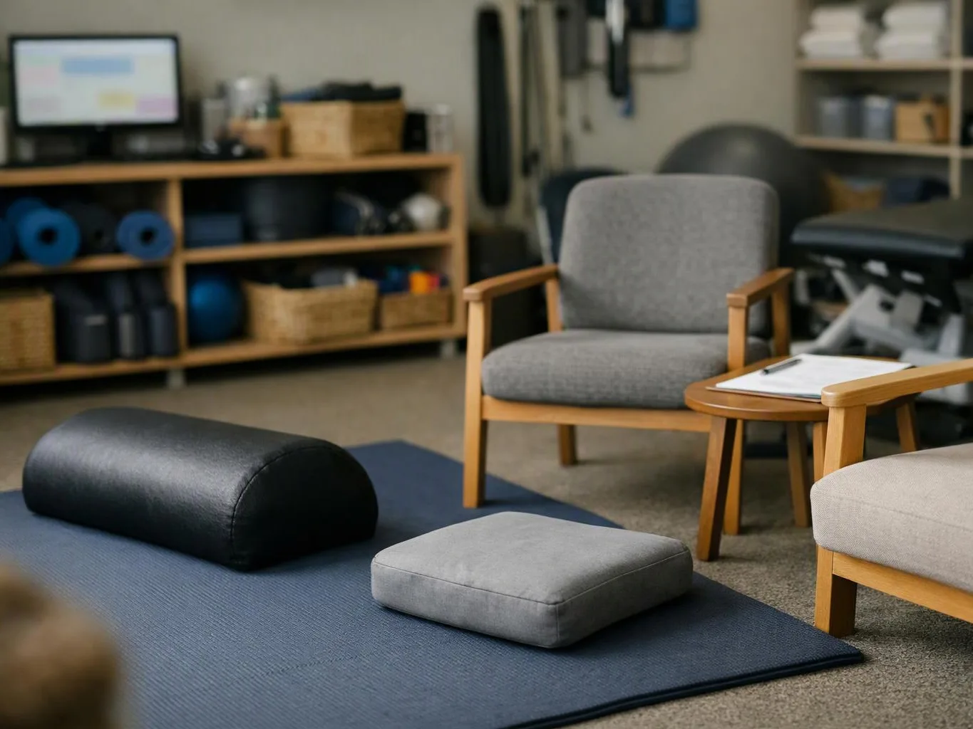 A quiet exercise room has chairs, bolsters, cushions, shelves, and a small side table on a mat