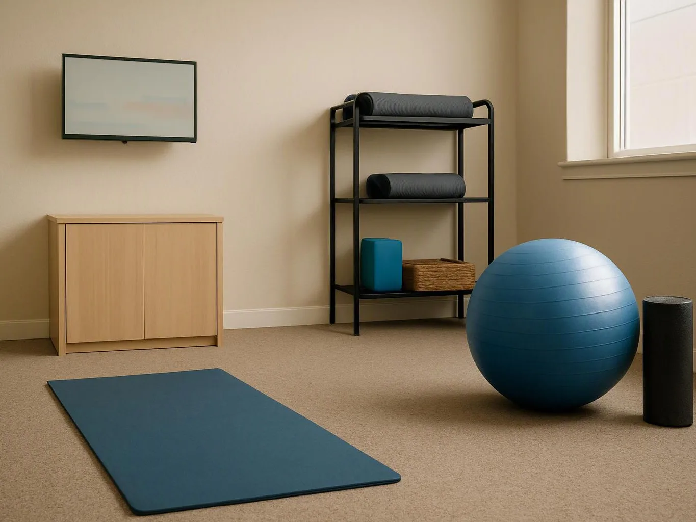 A quiet exercise room shows a blue mat, stability ball, foam roller, cabinet, shelf, and window