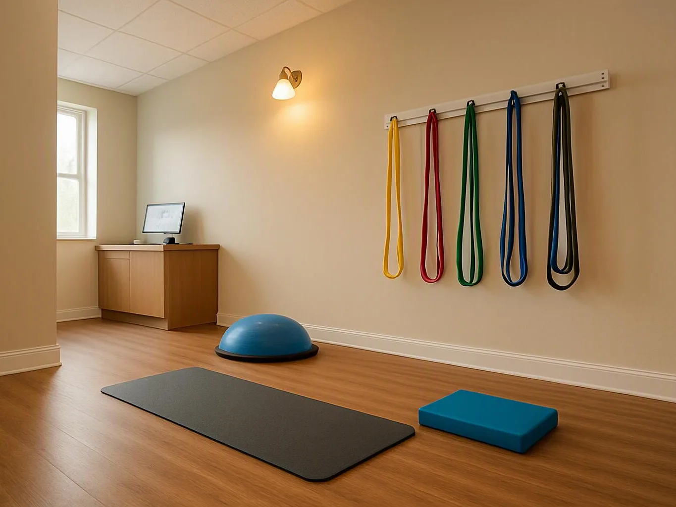 A quiet exercise room shows yoga mats, a blue balance dome, blocks, and hanging resistance bands on a beige wall