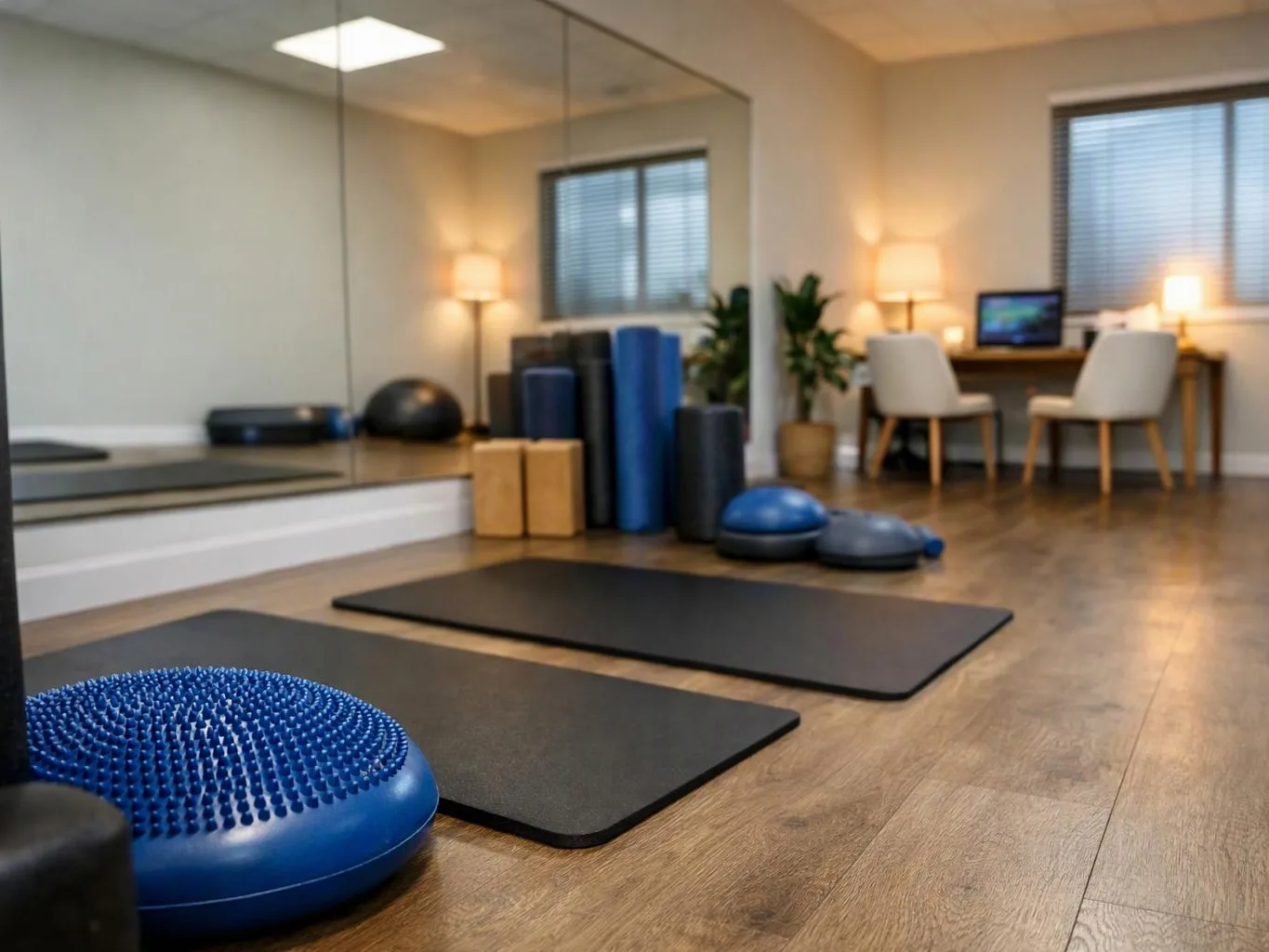 A quiet exercise studio shows yoga mats, balance tools, mirrors, and a small desk with chairs and lamps