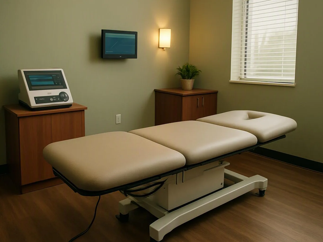 A quiet medical exam room with a padded treatment table, wall monitor, cabinet, plant, and window blinds