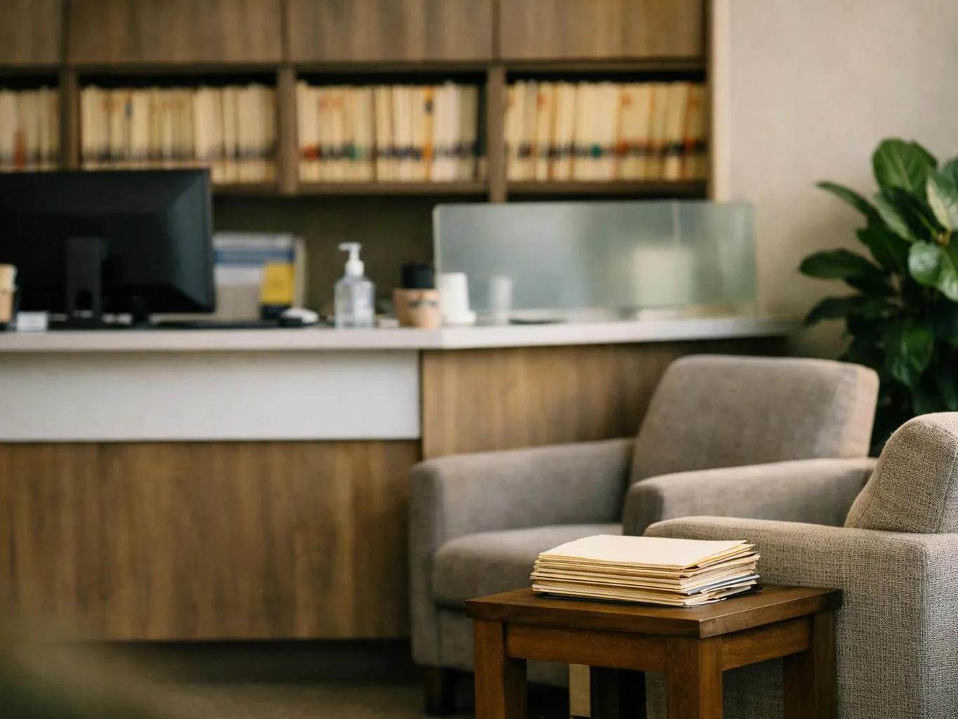 A quiet office waiting area shows two armchairs, a side table with papers, and a reception desk behind them