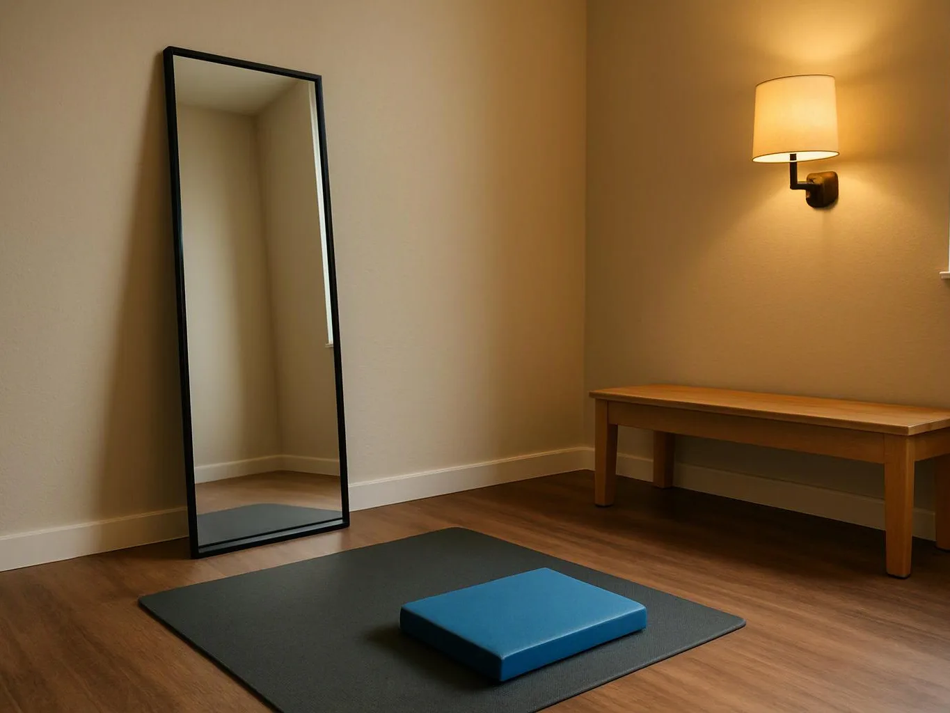 A quiet room shows a full-length mirror, wall lamp, wooden bench, and yoga mat with a blue cushion