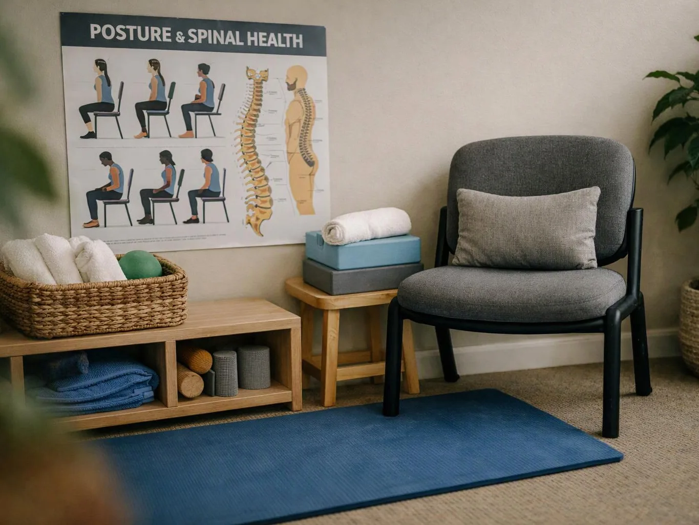 A quiet therapy room shows a posture chart, gray chair, yoga mat, and neatly stacked props