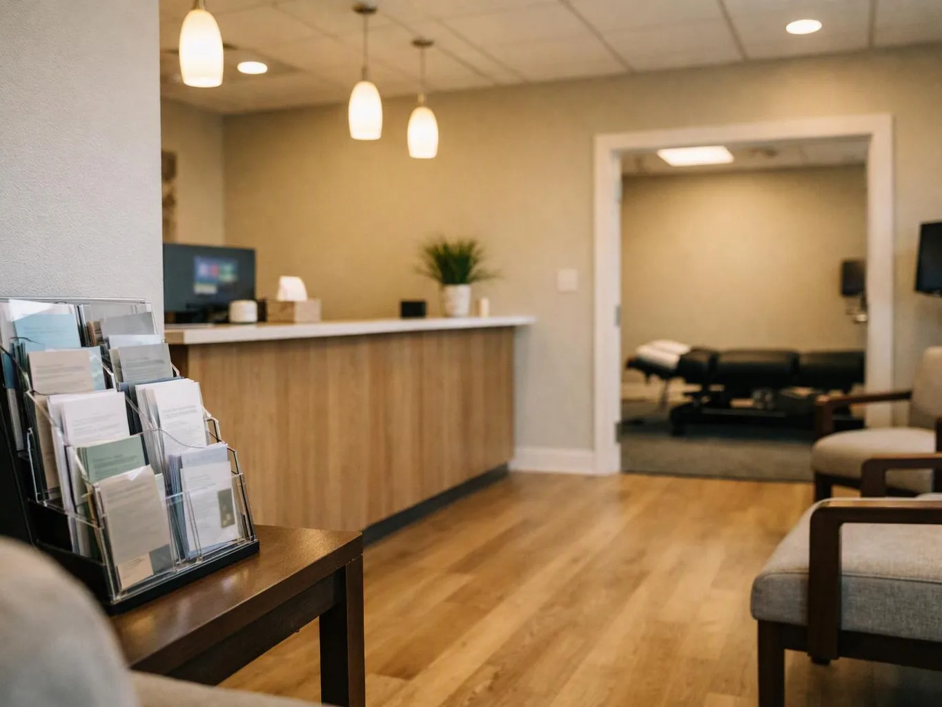 A quiet waiting room with brochures, a reception counter, and an exam room visible through an open doorway