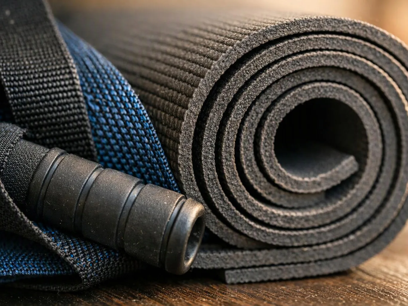 A rolled black exercise mat sits beside a blue woven strap and a black plastic handle on a wooden floor