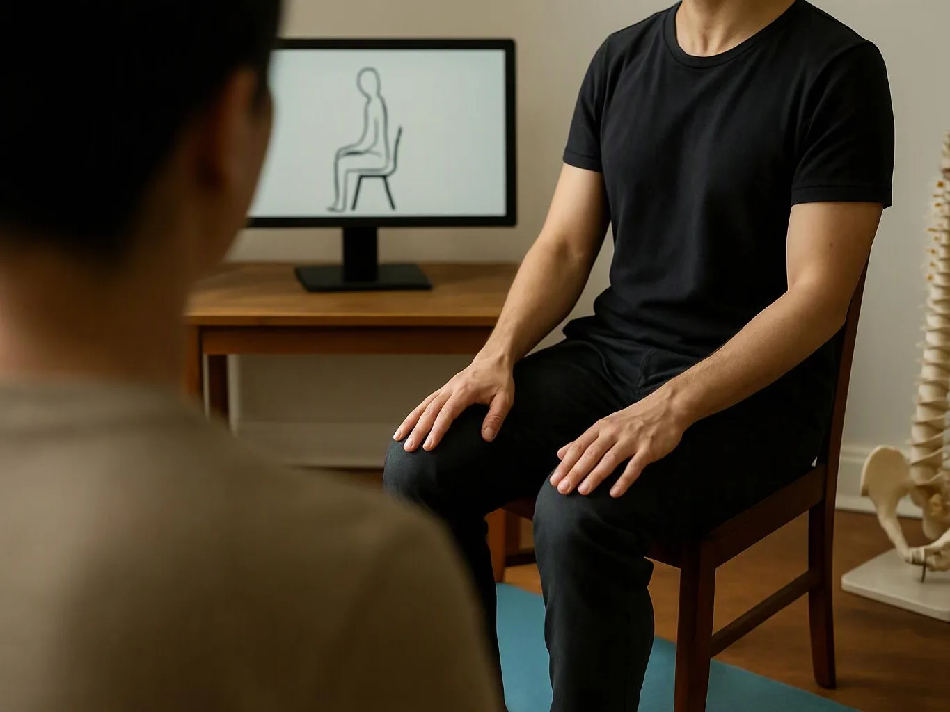 A seated man in black faces another person, with a monitor showing a simple seated figure and a spine model nearby