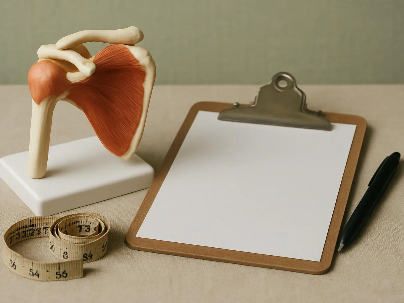 A shoulder muscle model sits beside a blank clipboard, measuring tape, and black pen on a beige surface