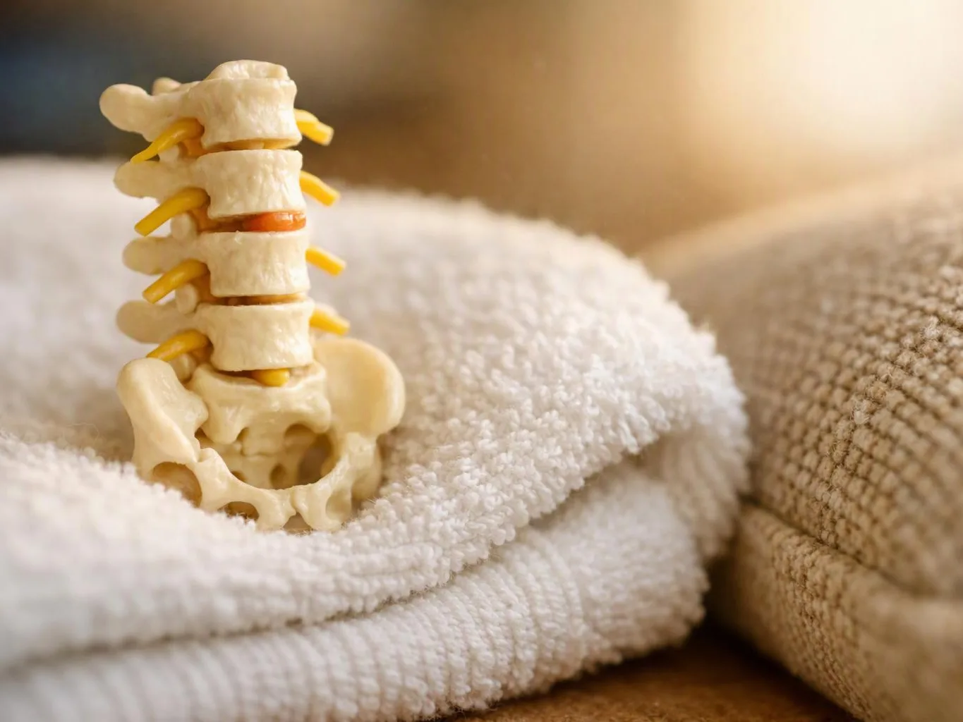 A small model spine with pelvis bones sits on folded white towels beside a beige cushion