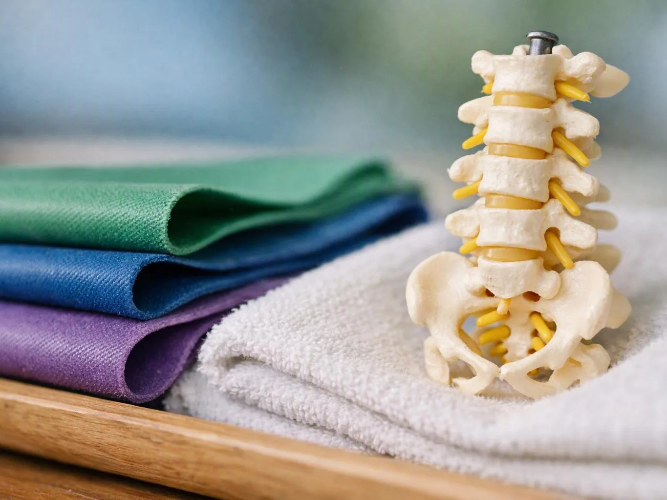 A small plastic spine model sits on folded white towels beside stacked green, blue, and purple cloths