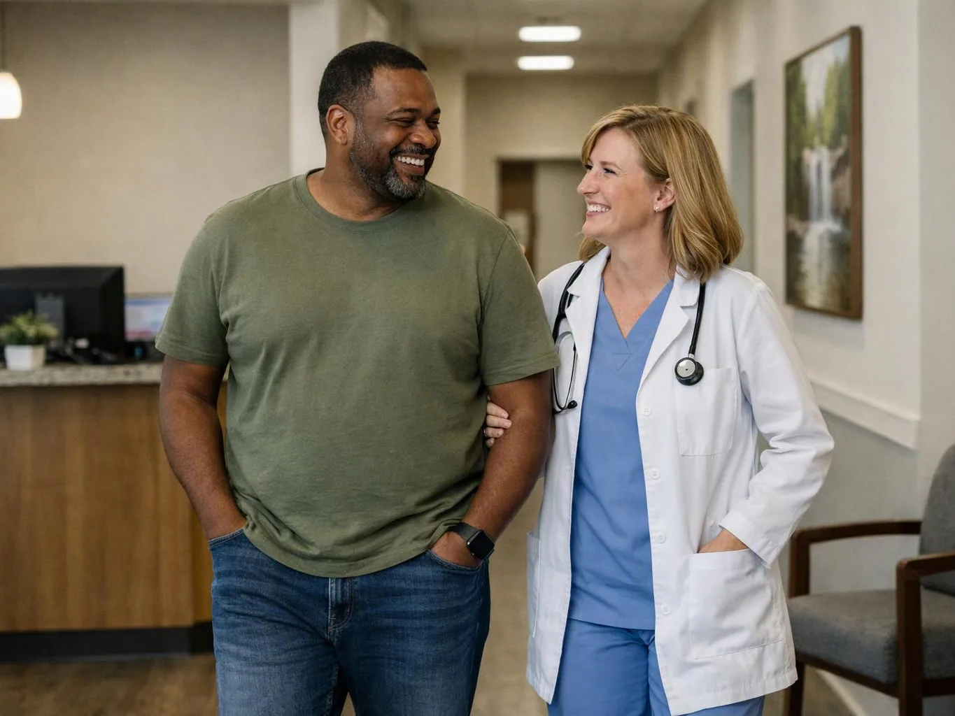 A smiling doctor walks arm in arm with a man through a clinic hallway