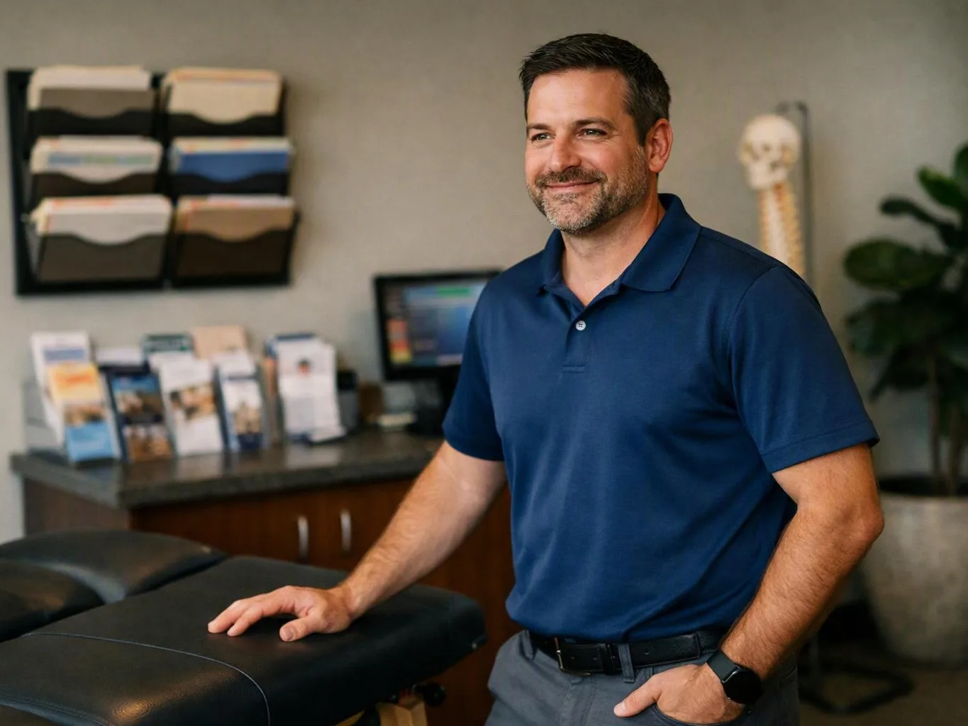 A smiling man in a blue polo stands beside a padded treatment table in a clinic room