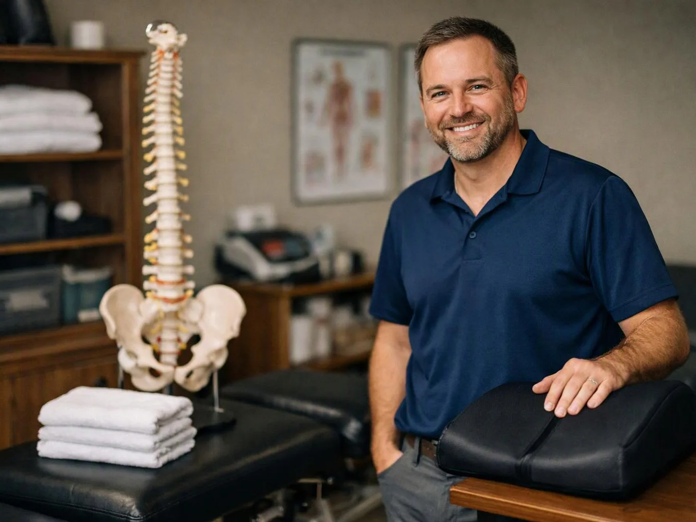 A smiling man in a blue polo stands beside a spine model and folded towels in a treatment room