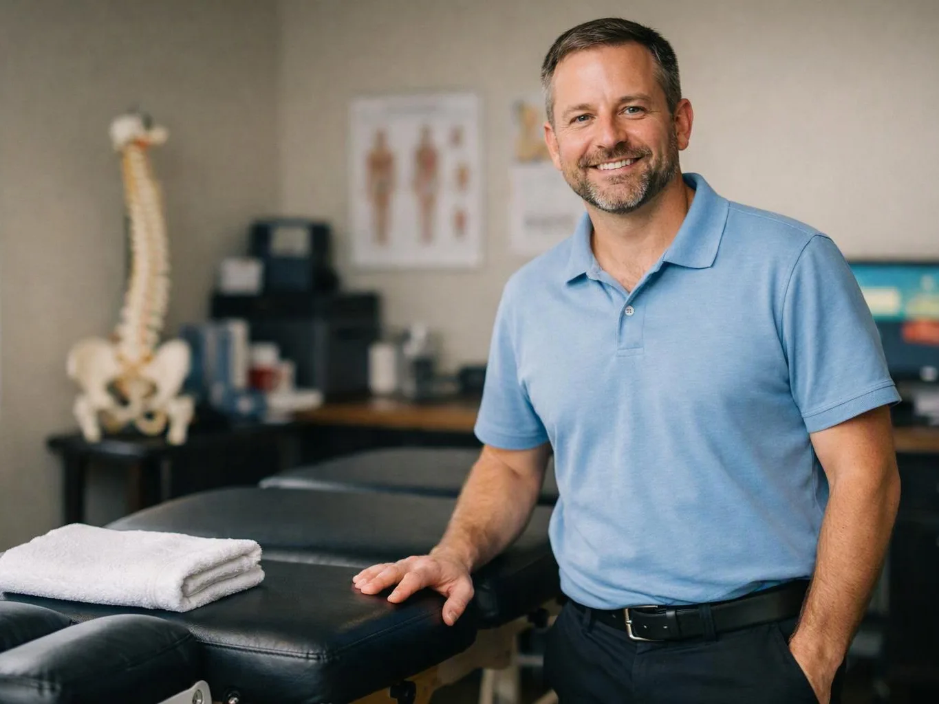 Smiling man in a blue polo stands beside a treatment table in a clinic room