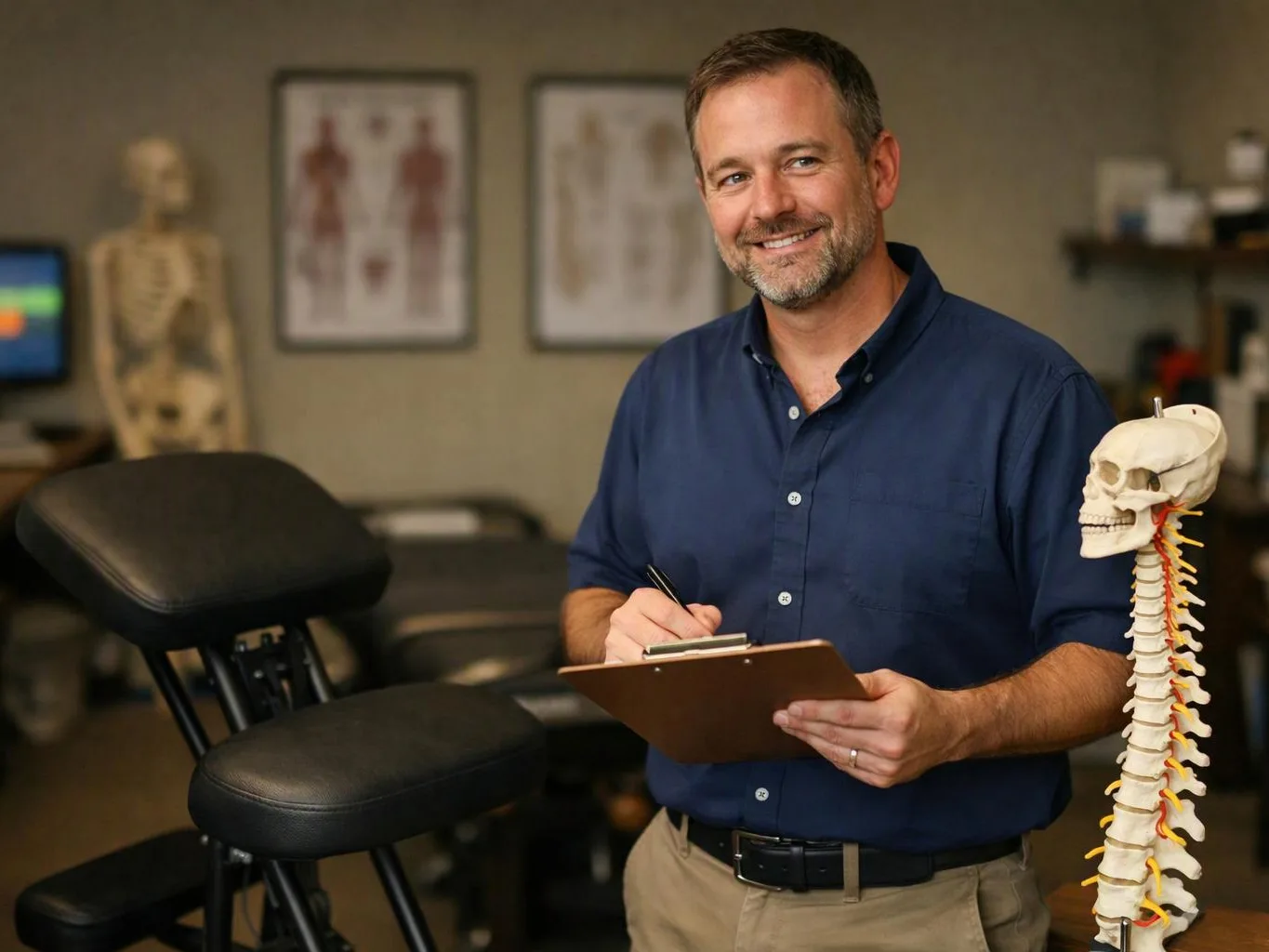 A smiling man in a clinic office holds a clipboard beside a spine model and treatment table
