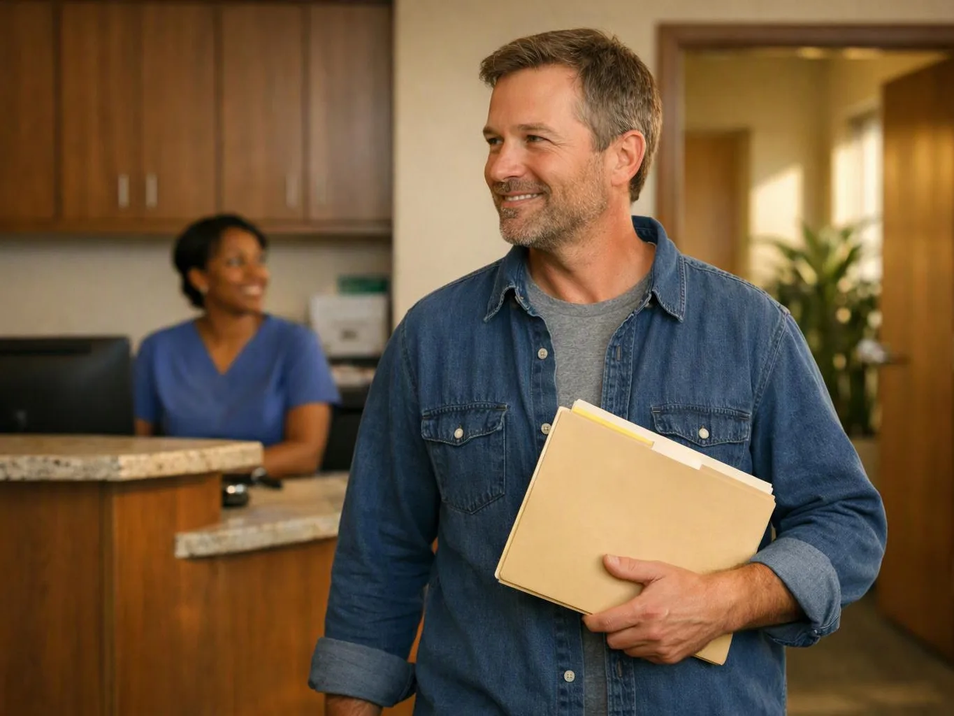 A smiling man holds manila folders in a reception area with a seated woman behind him
