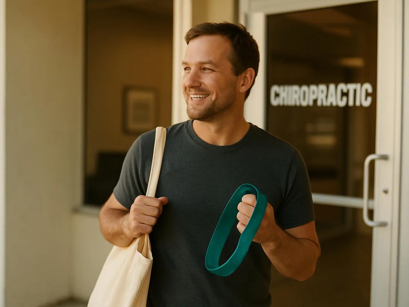 A smiling man holds a tote bag and teal exercise band outside a glass door marked “CHIROPRACTIC”