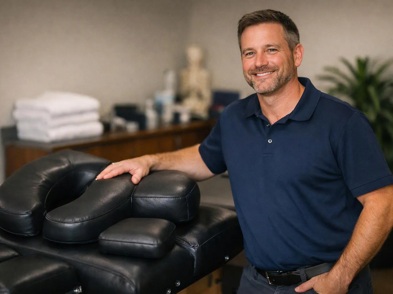 A smiling man in a navy polo rests his hand on a black massage table in a clinic room